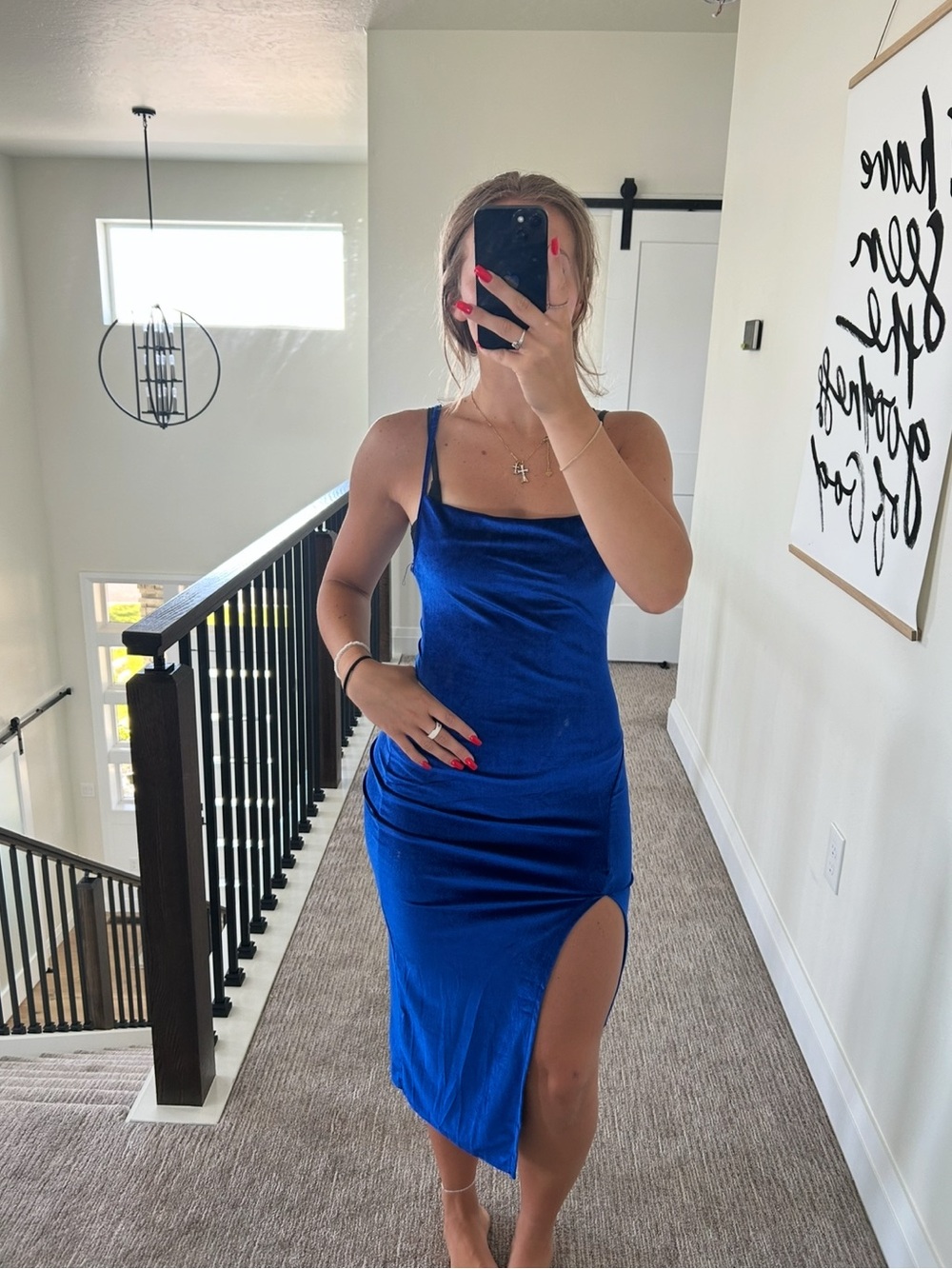 Royal Blue Satin Midi Slip Dress with Side Thigh Slit